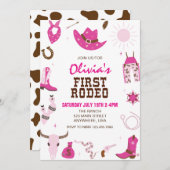 最初のロデオホットピンクウェスタンの誕生日 招待状 (正面/裏面)