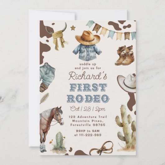 最初のロデオ1歳の誕生日ウェスタンのカウボーイ写真 招待状 (正面)