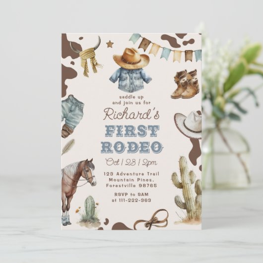 最初のロデオ1歳の誕生日ウェスタンのカウボーイ写真 招待状 (スタンド正面)