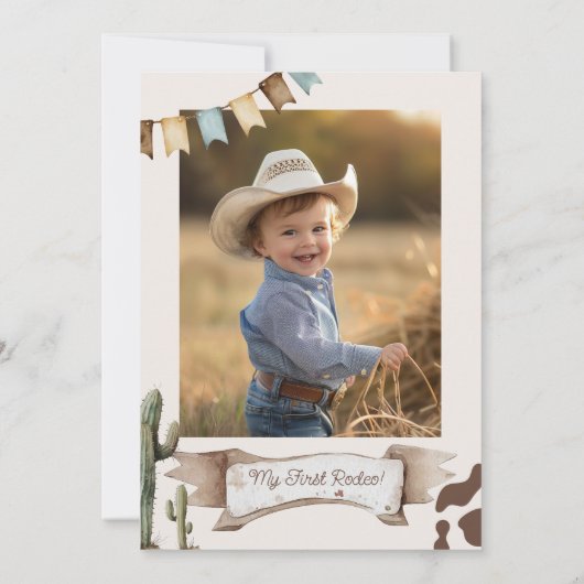 最初のロデオ1歳の誕生日ウェスタンのカウボーイ写真 招待状 (裏面)
