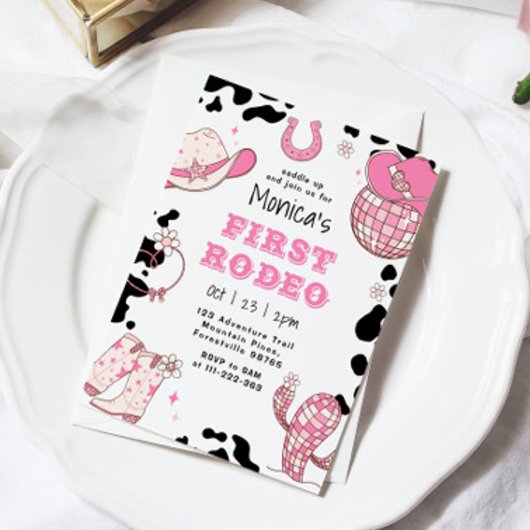 最初のロデオ1歳の誕生日ピンクの女の子の写真の誕生日 招待状