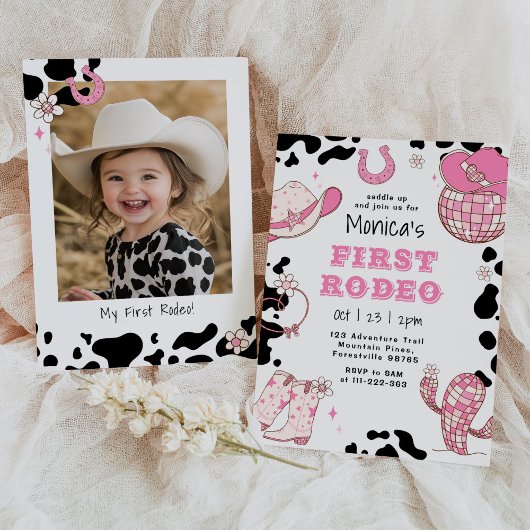 最初のロデオ1歳の誕生日ピンクの女の子の写真の誕生日 招待状