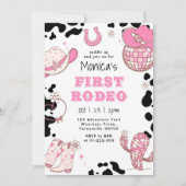 最初のロデオ1歳の誕生日ピンクの女の子の写真の誕生日 招待状 (正面)