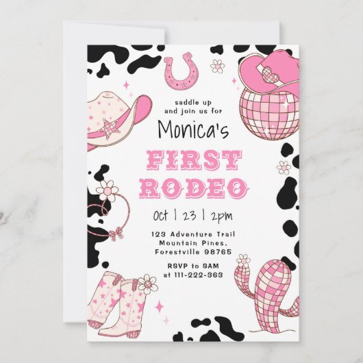 最初のロデオ1歳の誕生日ピンクの女の子の誕生日 招待状 (正面)