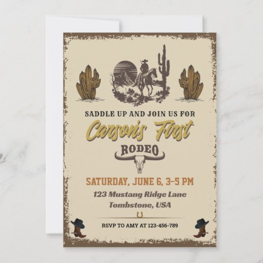 最初のロデオ・カウボーイ誕生日パーティーの招待 招待状 (正面)