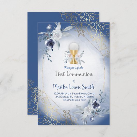 最初の共産色の青い水色の花 招待状 (正面/裏面)