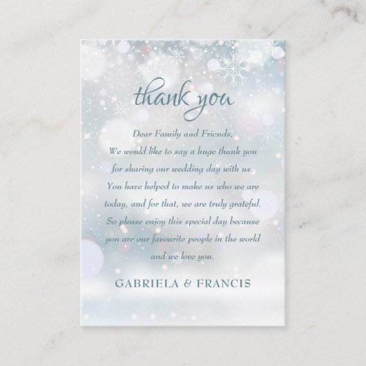 最初の冬の雪のウェディング サンクス プレイスカード (正面)