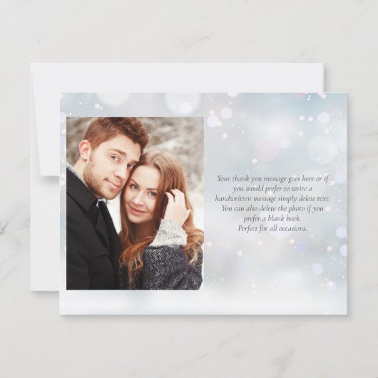最初の冬の雪の花びら エレガントなスクリプトの写真 サンキューカード (裏面)