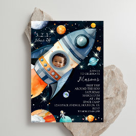 最初の太陽一周記念フォト ロケットの誕生日 招待状