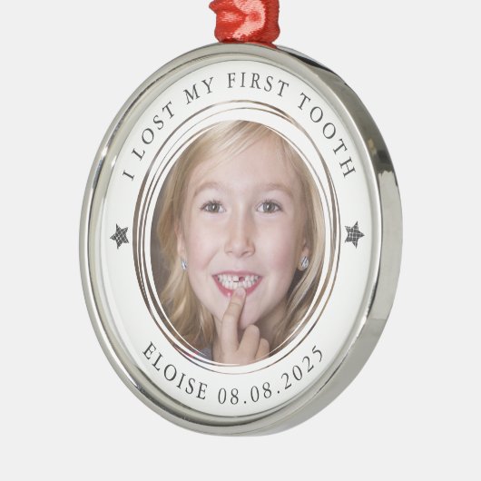 最初の失った歯のマイルストーン写真のキープサケ メタルオーナメント (左)
