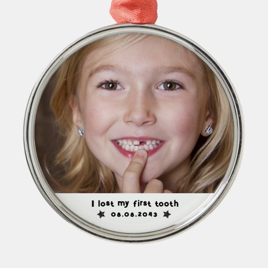最初の失った歯のマイルストーン写真のキープサケ メタルオーナメント (正面)