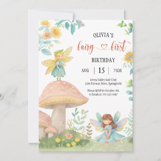 最初の妖精の魔法の水の色キノコ誕生日- 招待状 (正面)