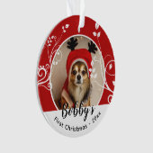 最初の子犬のクリスマスの葉の犬の名前フォトレッド オーナメント (正面)