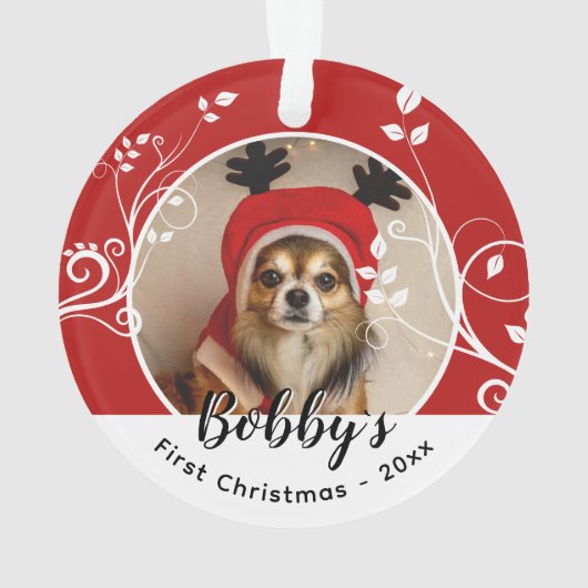 最初の子犬のクリスマスの葉の犬の名前フォトレッド オーナメント (裏面)
