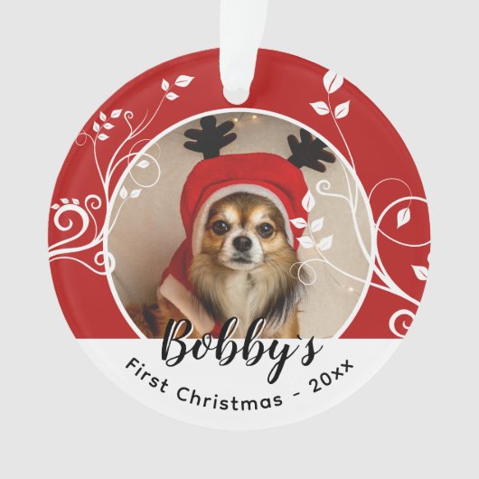 最初の子犬のクリスマスの葉の犬の名前フォトレッド オーナメント (正面)