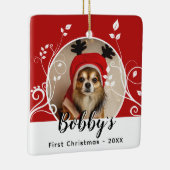 最初の子犬のクリスマスの葉の犬の名前フォトレッド セラミックオーナメント (右)