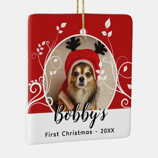 最初の子犬のクリスマスの葉の犬の名前フォトレッド セラミックオーナメント (右)