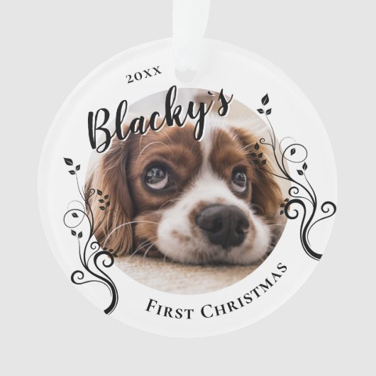 最初の子犬のクリスマスの葉の犬の名前写真 オーナメント (正面)