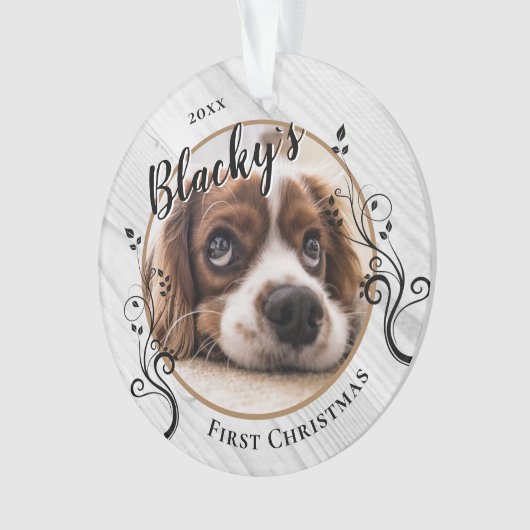 最初の子犬のクリスマスウッドの葉の犬の名前写真 オーナメント (正面)