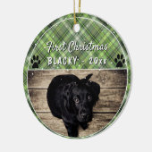 最初の子犬のクリスマスポーグリーンプレイドドッグ写真 セラミックオーナメント (左)