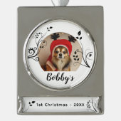 最初の子犬のクリスマス黒い葉の犬の名前写真 シルバープレートバナーオーナメント (正面)