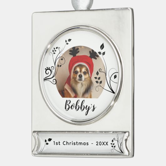最初の子犬のクリスマス黒い葉の犬の名前写真 シルバープレートバナーオーナメント (左)