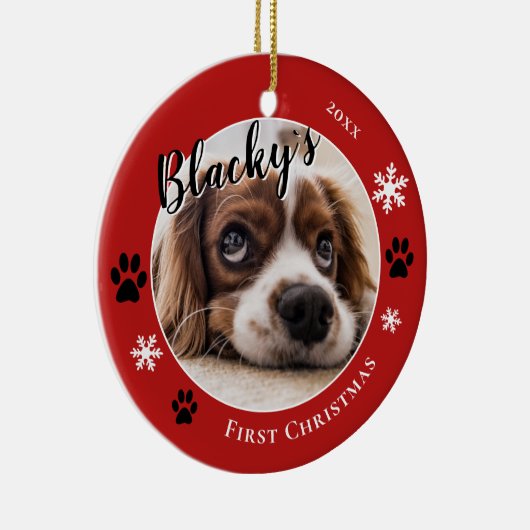 最初の子犬の素朴クリスマスドッグ名フォトレッド セラミックオーナメント (右)
