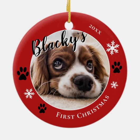 最初の子犬の素朴クリスマスドッグ名フォトレッド セラミックオーナメント (裏面)