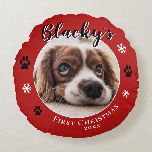 最初の子犬の素朴クリスマスドッグ名フォトレッド ラウンドクッション (正面)