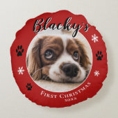 最初の子犬の素朴クリスマスドッグ名フォトレッド ラウンドクッション (裏面)