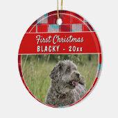 最初の子犬クリスマスレッドプレイドドドッグ写真 セラミックオーナメント (左)