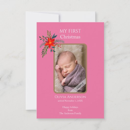 最初の小さなクリスマスの水の色フローラ+写真 サンキューカード (裏面)