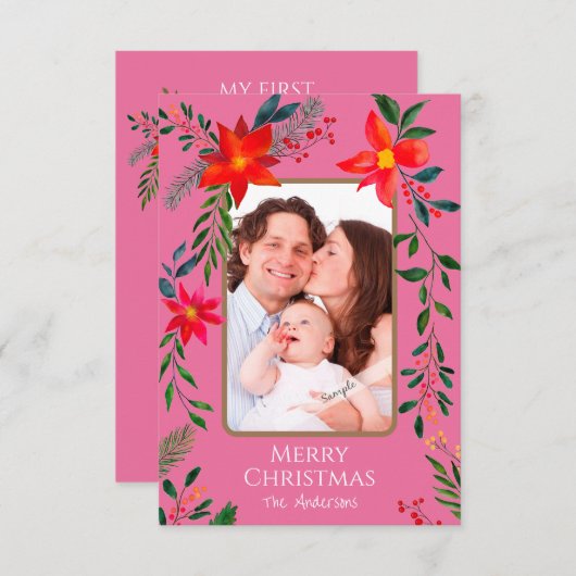 最初の小さなクリスマスの水の色フローラ+写真 サンキューカード (正面/裏面)