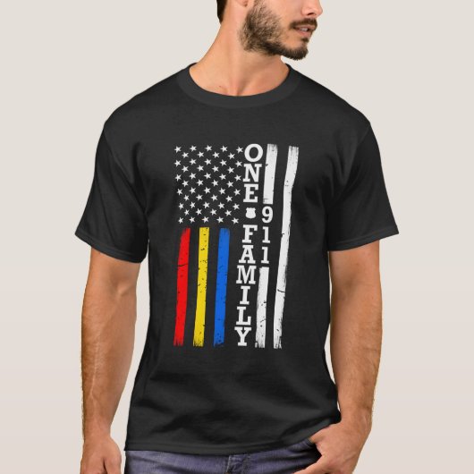 最初の応答者の細い赤い金ゴールド青い線フラグ Tシャツ (正面)