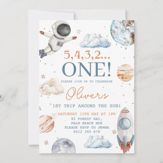最初の旅のまわりにサンボーイ宇宙1st誕生日 招待状 (正面)