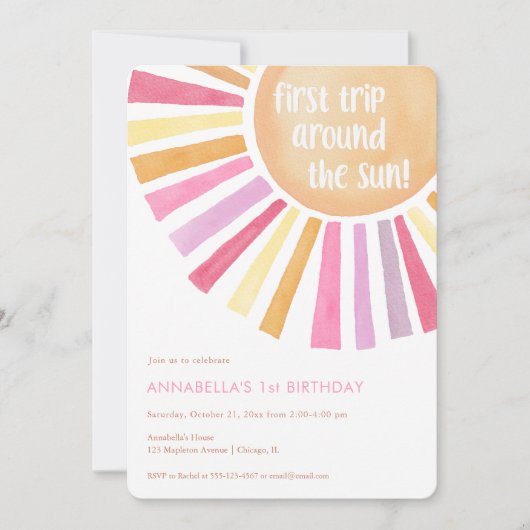 最初の旅のまわりに太陽の女の子の1番目の誕生日パーティー 招待状 (正面)