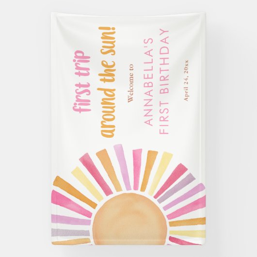 最初の旅のまわりに太陽の女の子1番目の誕生日 横断幕 (縦)