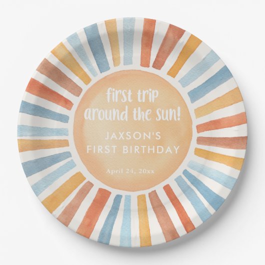 最初の旅のまわりに太陽の最初の誕生日パーティー ペーパープレート (正面)