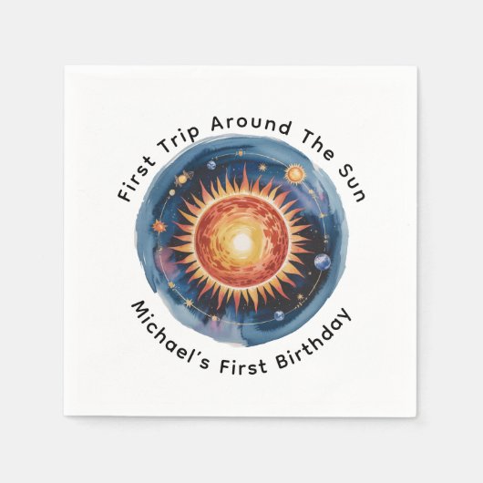 最初の旅のまわりに日の最初の誕生日パーティー スタンダードカクテルナプキン (正面)