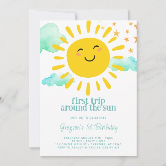 最初の旅のまわりに日の最初の誕生日パーティー 招待状 (正面)