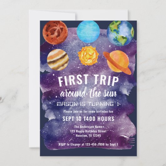 最初の旅のまわりに日の最初の誕生日パーティー 招待状 (正面)