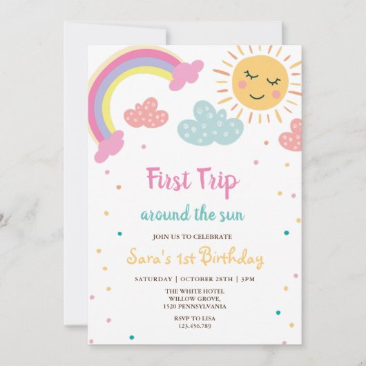 最初の旅のまわりに日の最初の誕生日パーティー 招待状 (正面)