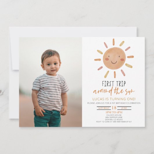 最初の旅のまわりに日の最初の誕生日パーティー 招待状 (正面)