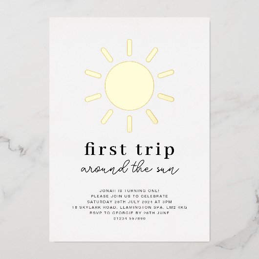 最初の旅のまわりに日の最初の誕生日金ゴールド 箔招待状 (正面)
