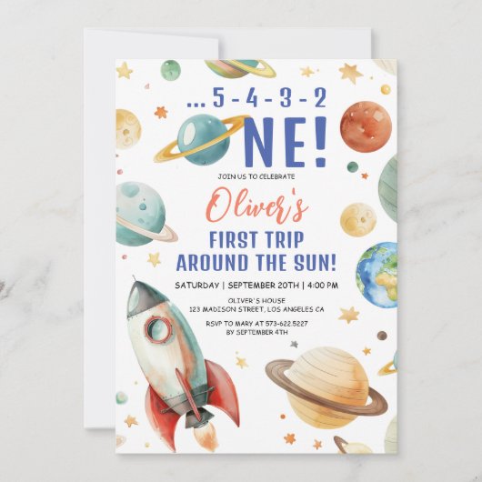 最初の旅のまわりに日宇宙1st誕生日パーティー 招待状 (正面)