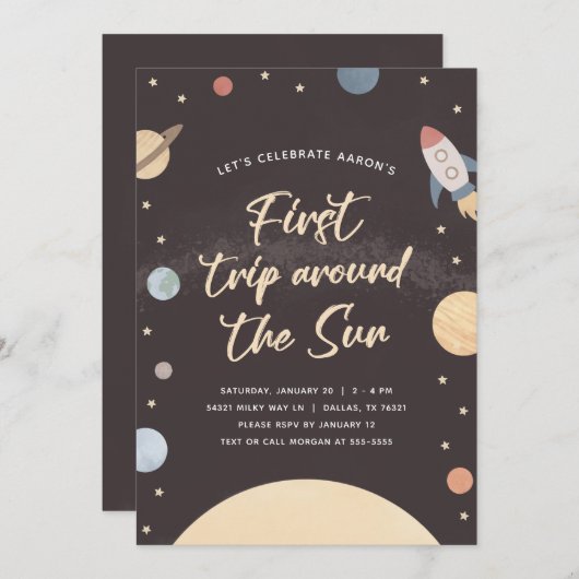 最初の旅のまわりに日宇宙1st誕生日パーティー 招待状 (正面/裏面)