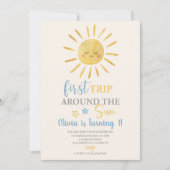 最初の旅のまわりに日男の子1歳の誕生日パーティー 招待状 (正面)