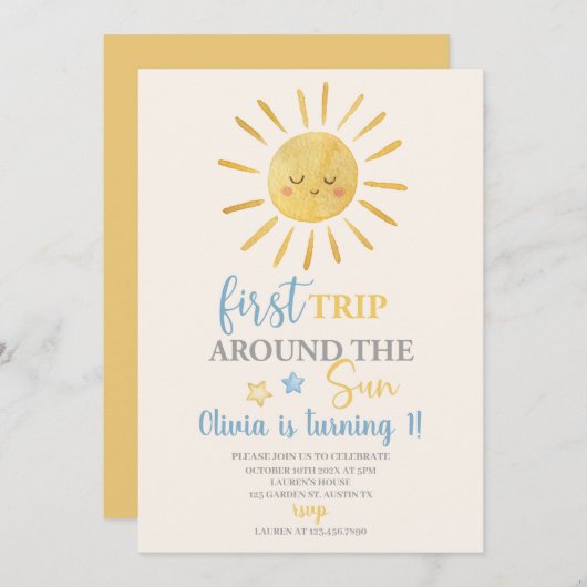 最初の旅のまわりに日男の子1歳の誕生日パーティー 招待状 (正面/裏面)