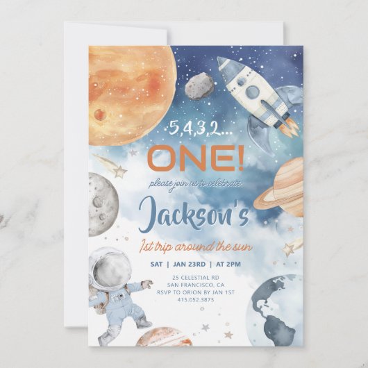 最初の旅のまわりに日、宇宙の最初の誕生日 招待状 (正面)