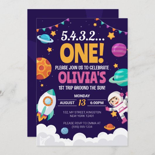 最初の旅のまわりに行ザサンガール宇宙1st誕生日 招待状 (正面/裏面)